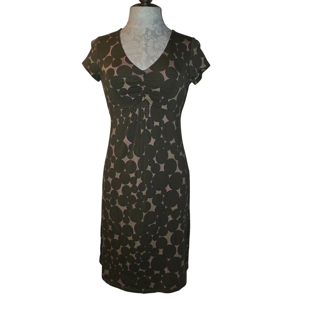 Boden Womens Short Sleeve V-Neck Ruched Bust Polka Dot  Dress Green Pink 6R